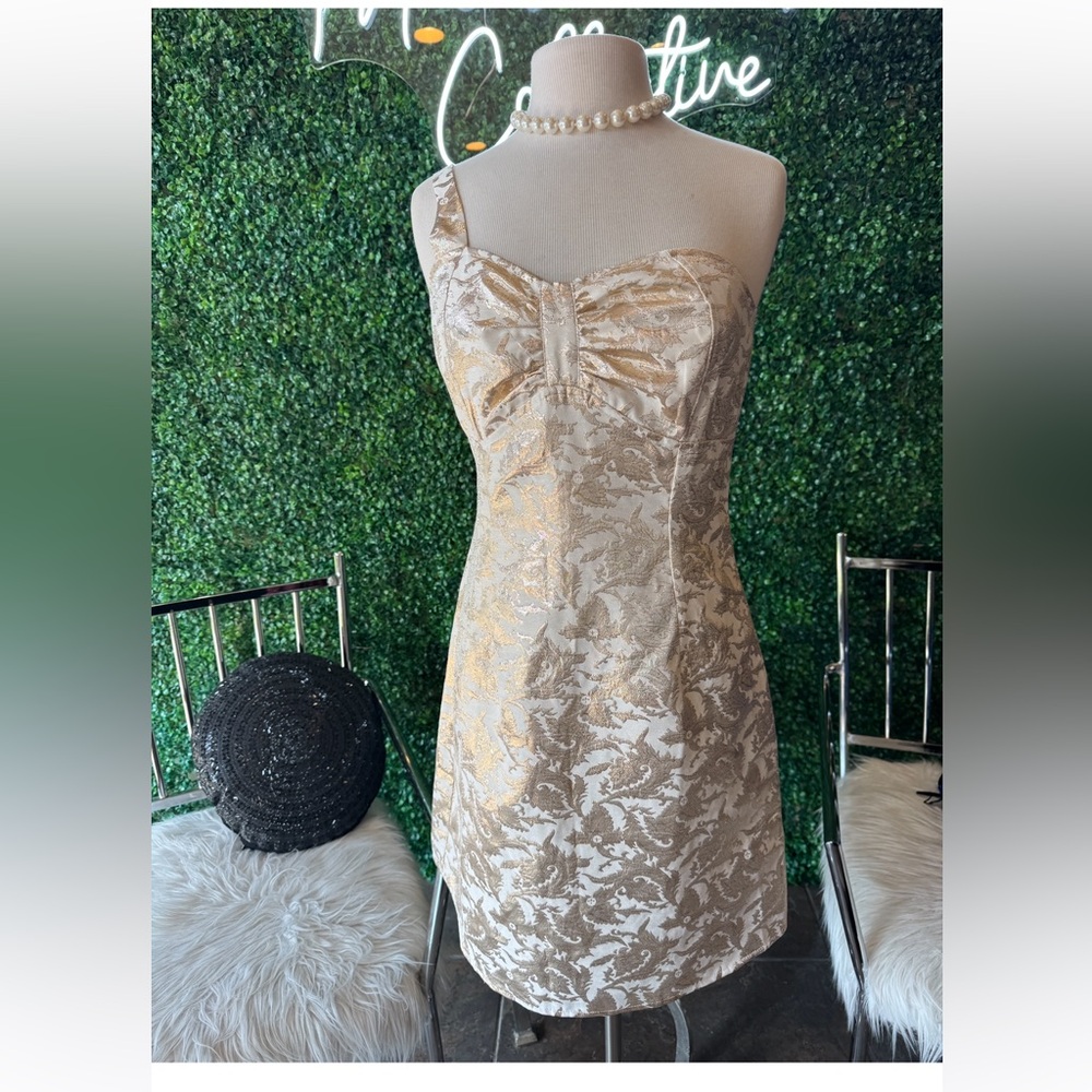 New Glam Gold Jacquard and Cream One Shoulder Dress